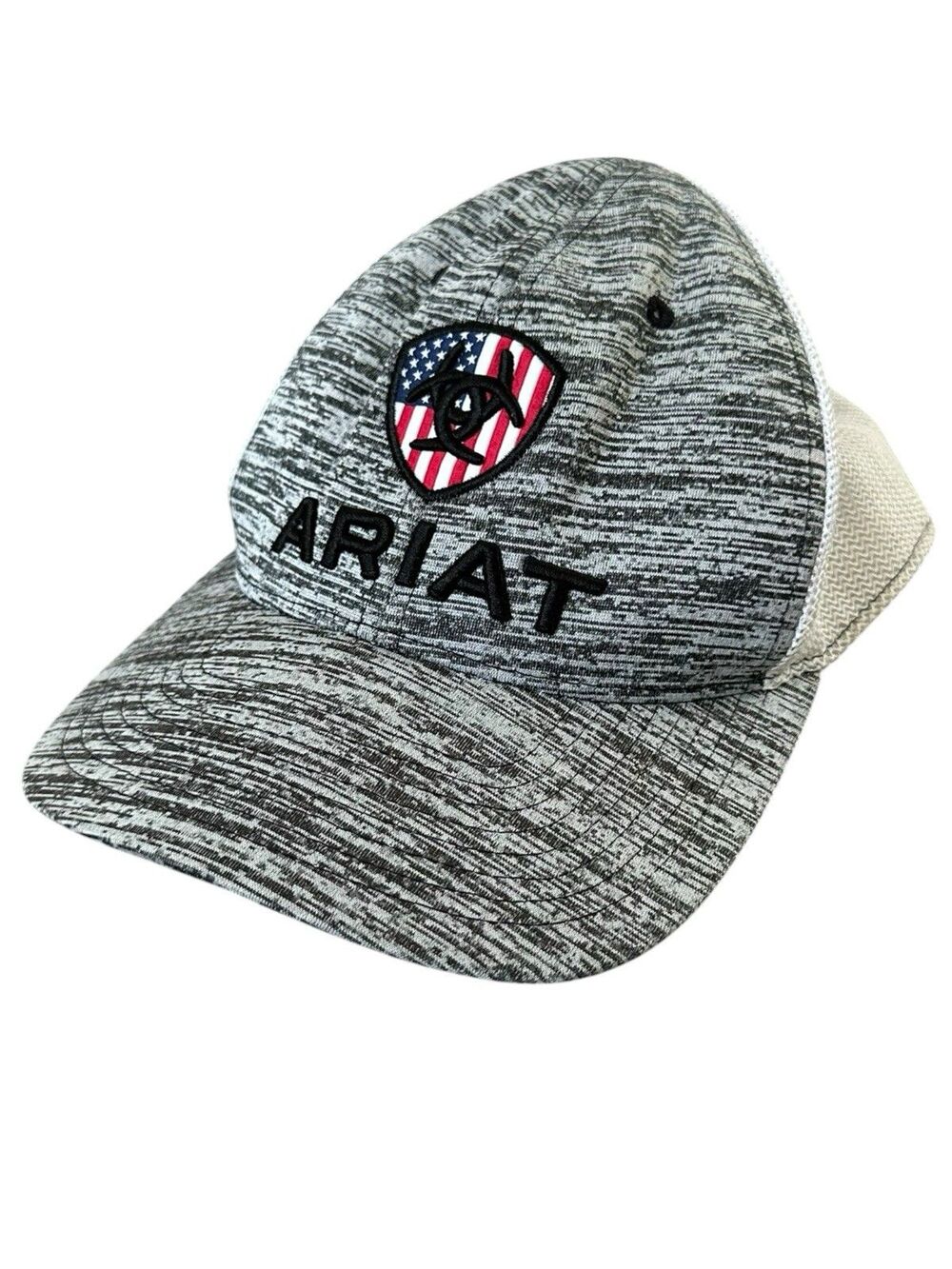 Ariat 110 Flexfit Tech Trucker Hat Grey Heather American Flag Shield Patch Cap